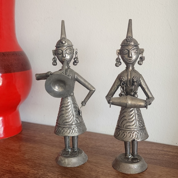Vintage Artisan Taboo Pair Set of 2 Hindu Export Silver Tone Musicians Figures - Picture 1 of 7